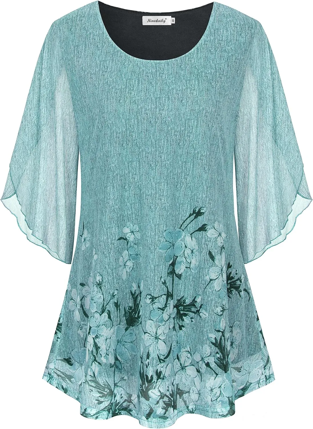 Ninedaily Women's Tops 3/4 Sleeve Blouses Dressy Casual Double Layers Mesh Tunic Shirts