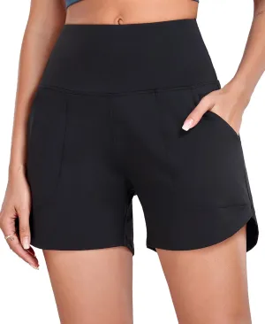 Oalka Women's High Waisted Shorts Yoga Workout Bermuda Long Hiking Shorts with Pockets