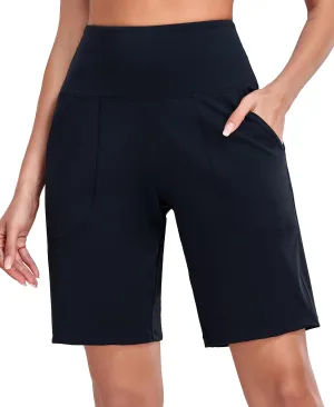 Oalka Women's High Waisted Shorts Yoga Workout Bermuda Long Hiking Shorts with Pockets