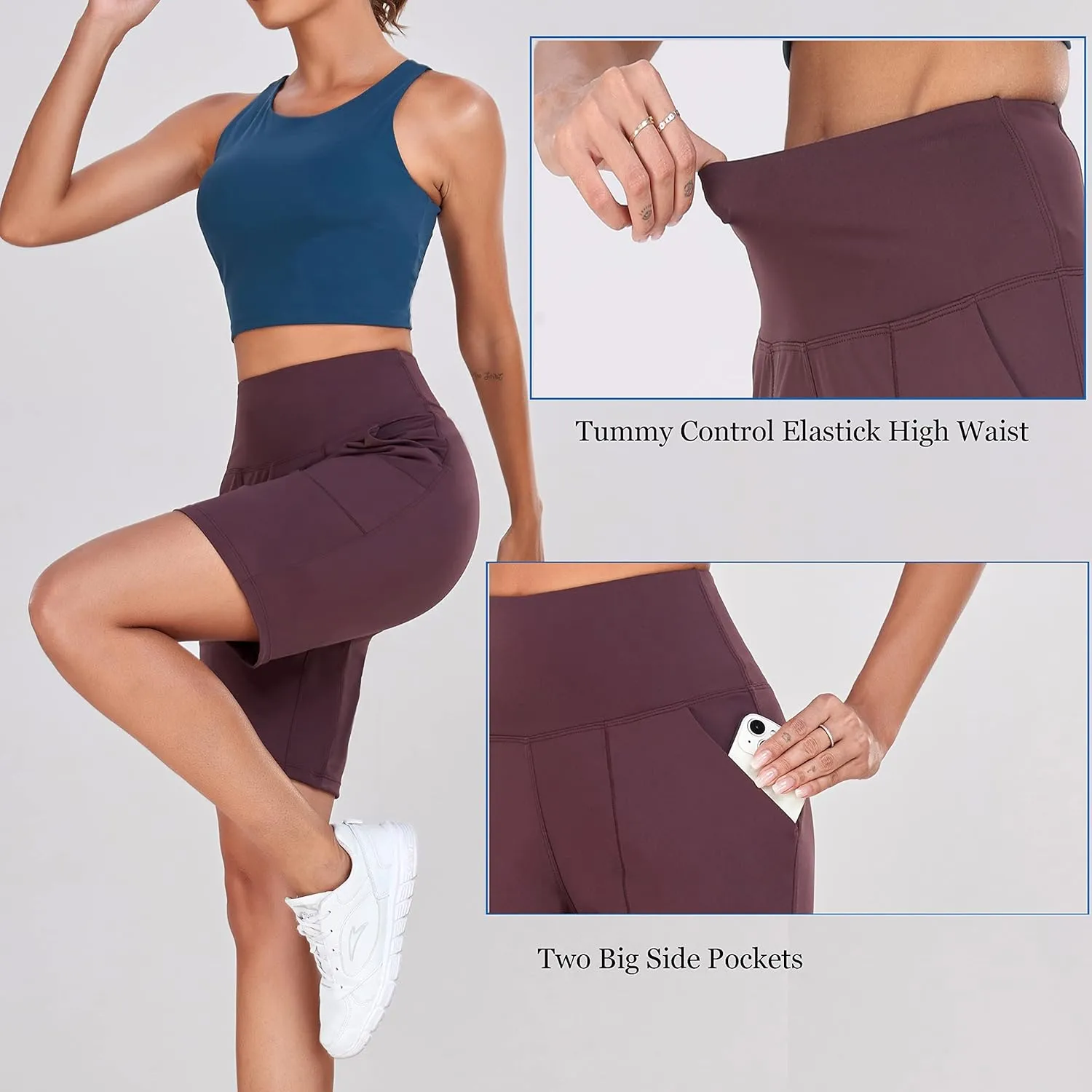 Oalka Women's High Waisted Shorts Yoga Workout Bermuda Long Hiking Shorts with Pockets