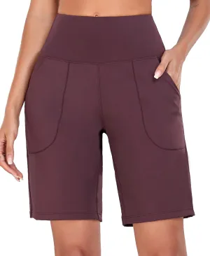 Oalka Women's High Waisted Shorts Yoga Workout Bermuda Long Hiking Shorts with Pockets