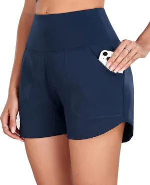 Oalka Women's High Waisted Shorts Yoga Workout Bermuda Long Hiking Shorts with Pockets