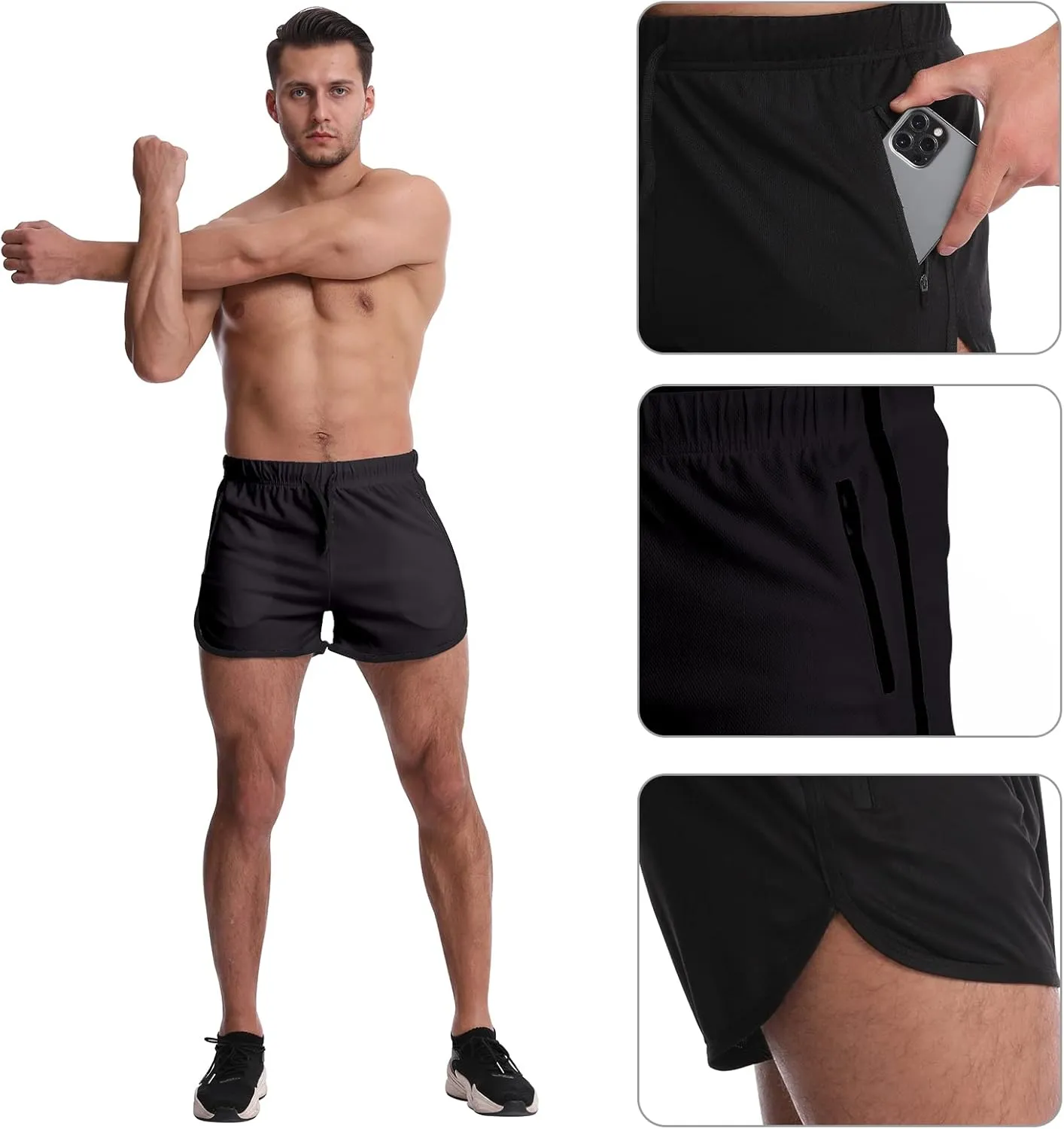 OEBLD Mens Running Shorts 3 Inch Breathable Quick Dry Workout Athletic Short Shorts with Zipper Pockets