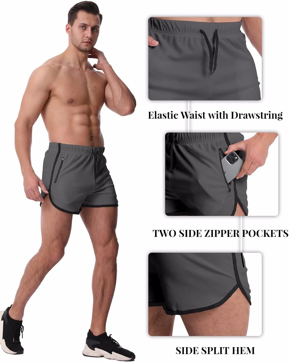 OEBLD Mens Running Shorts 3 Inch Breathable Quick Dry Workout Athletic Short Shorts with Zipper Pockets