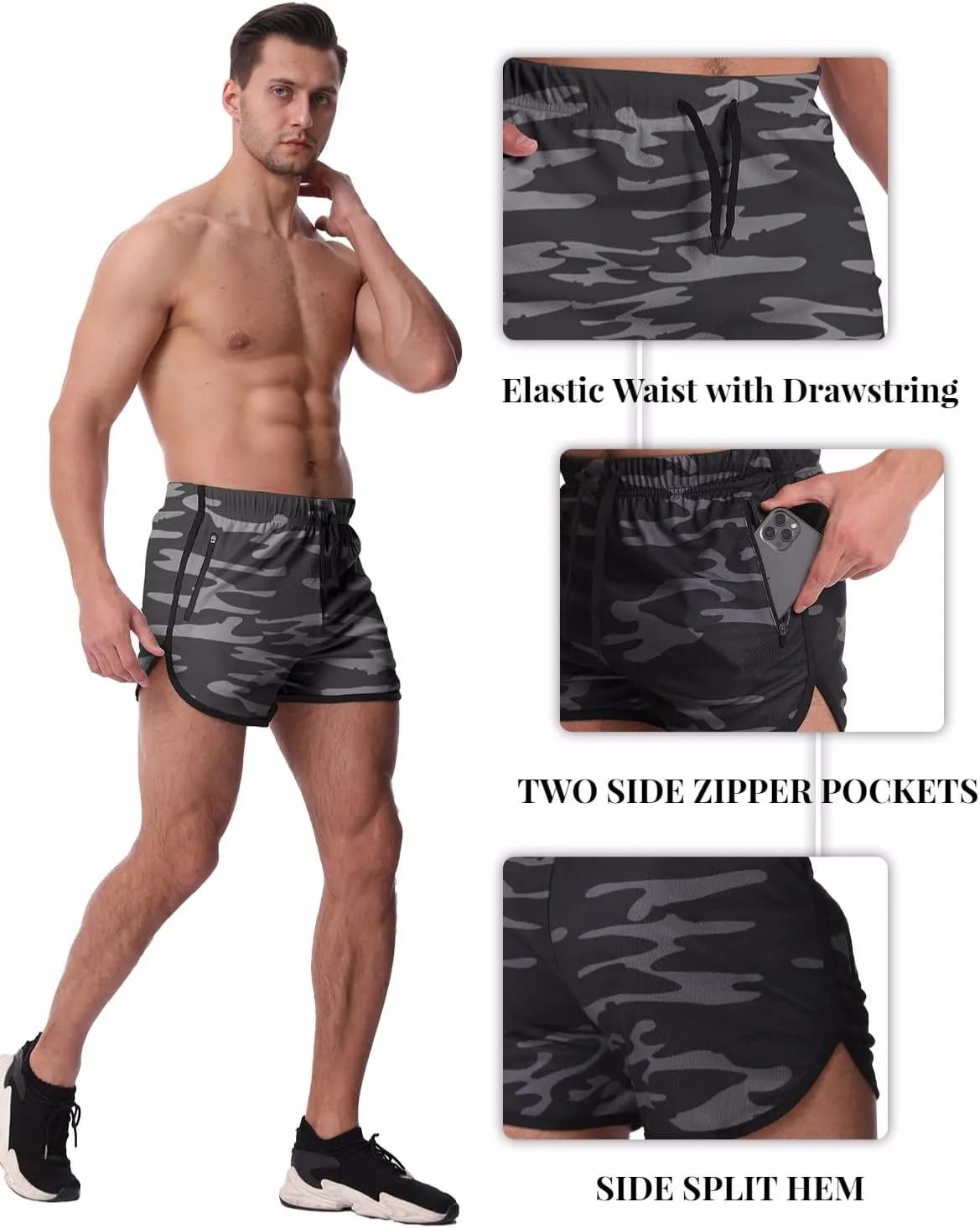 OEBLD Mens Running Shorts 3 Inch Breathable Quick Dry Workout Athletic Short Shorts with Zipper Pockets