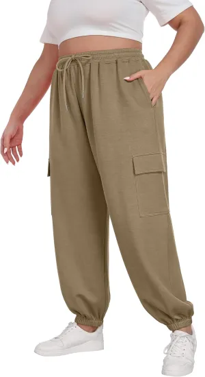 OLRIK Plus Size Pants 2025 Trendy Cargo Sweatpants Adjustable Drawstring Joggers Loose Fit Lounge Trousers with Pockets