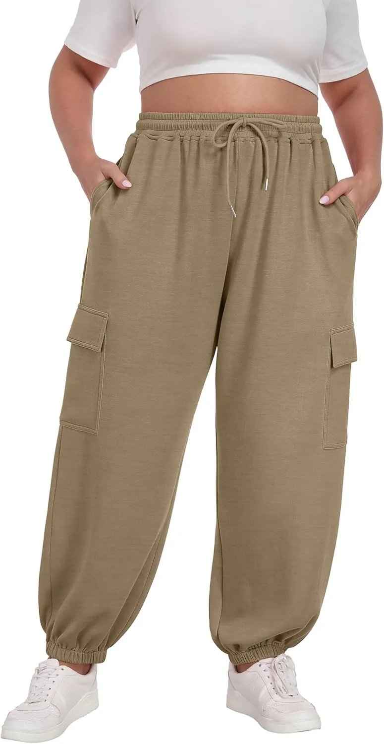 OLRIK Plus Size Pants 2025 Trendy Cargo Sweatpants Adjustable Drawstring Joggers Loose Fit Lounge Trousers with Pockets