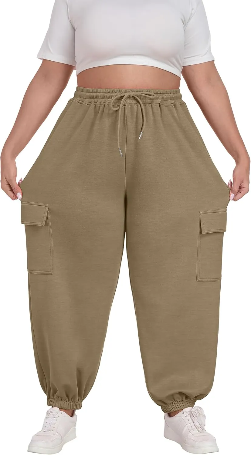 OLRIK Plus Size Pants 2025 Trendy Cargo Sweatpants Adjustable Drawstring Joggers Loose Fit Lounge Trousers with Pockets