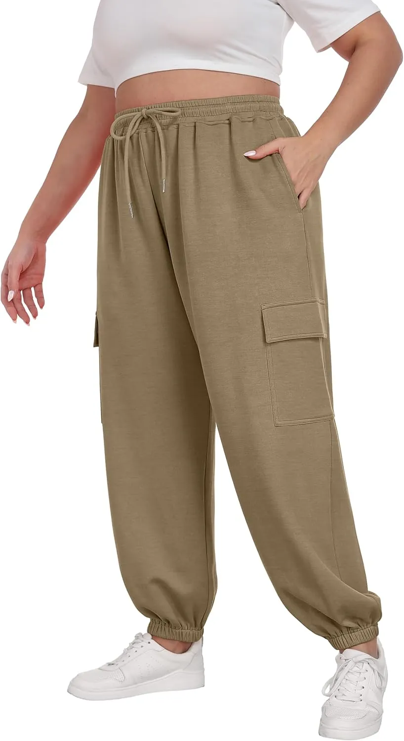 OLRIK Plus Size Pants 2025 Trendy Cargo Sweatpants Adjustable Drawstring Joggers Loose Fit Lounge Trousers with Pockets
