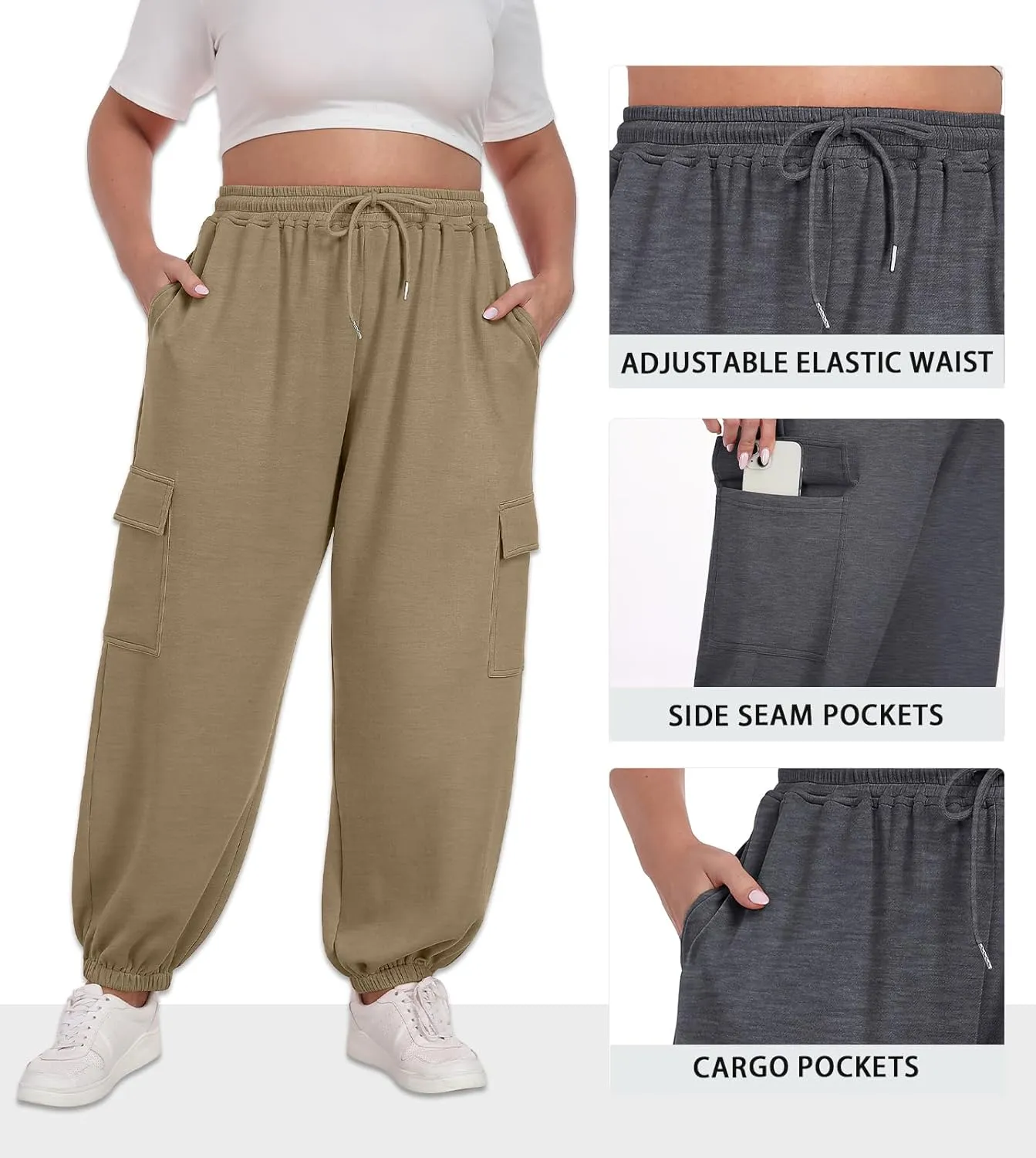 OLRIK Plus Size Pants 2025 Trendy Cargo Sweatpants Adjustable Drawstring Joggers Loose Fit Lounge Trousers with Pockets