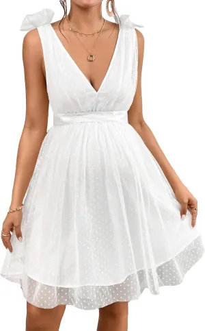 OYOANGLE Women's Maternity Tie Shoulder V Neck Belted Dress Sleeveless Backless Mesh Flared Short Dresses