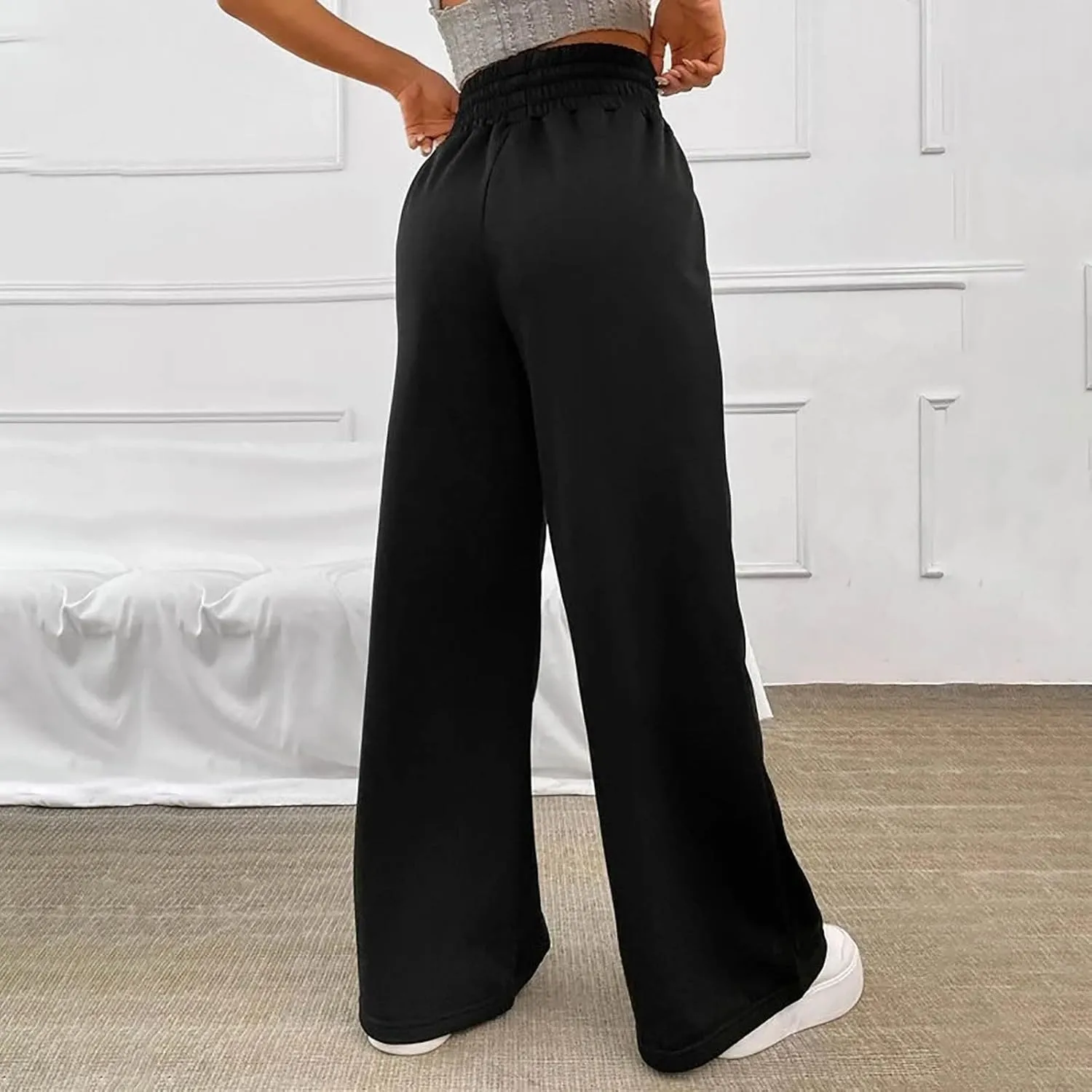 Palazzo Pants for Women Plus Size Baggy Wide Leg Trousers Elastic Waisted Casual Long Pants Solid Straight Work Pants