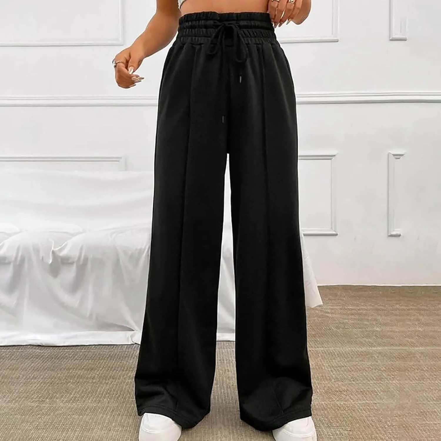 Palazzo Pants for Women Plus Size Baggy Wide Leg Trousers Elastic Waisted Casual Long Pants Solid Straight Work Pants