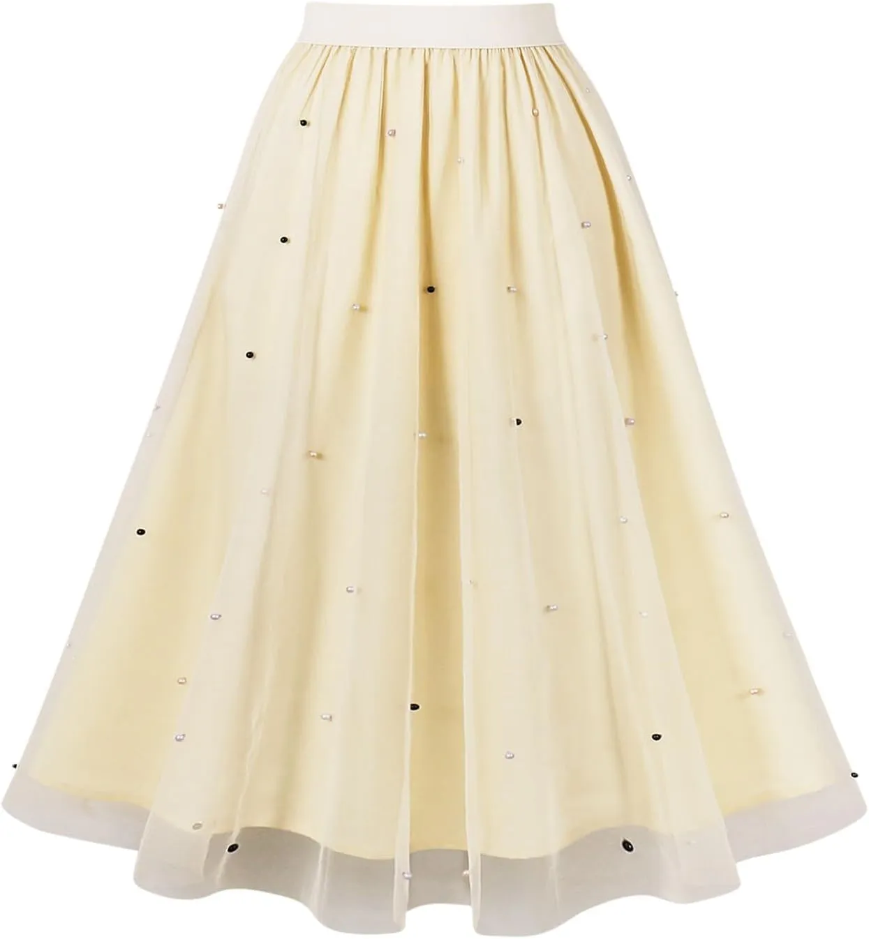 Pleated Skirts for Women Cute Elegant Stretch Waist Pleated Double Layer Party Midi Skirt Summer Causal Swing Skirt