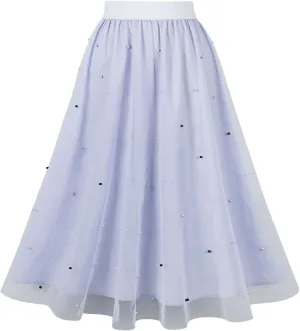Pleated Skirts for Women Cute Elegant Stretch Waist Pleated Double Layer Party Midi Skirt Summer Causal Swing Skirt