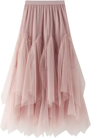 Pleated Skirts for Women Tulle Skirt Formal High Low Asymmetrical A-Line Fairy Elastic Waist Layered Long Midi Skirts