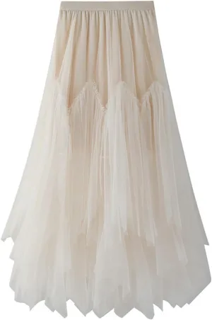 Pleated Skirts for Women Tulle Skirt Formal High Low Asymmetrical A-Line Fairy Elastic Waist Layered Long Midi Skirts