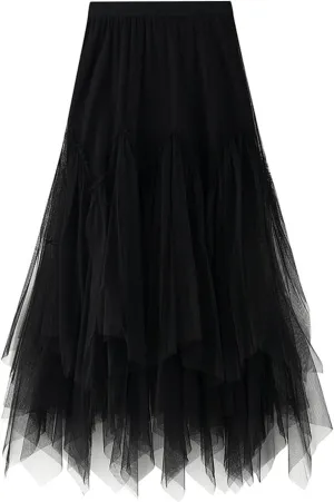 Pleated Skirts for Women Tulle Skirt Formal High Low Asymmetrical A-Line Fairy Elastic Waist Layered Long Midi Skirts