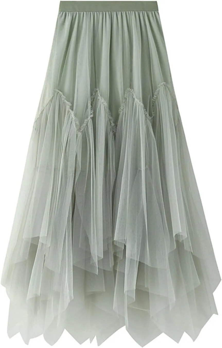Pleated Skirts for Women Tulle Skirt Formal High Low Asymmetrical A-Line Fairy Elastic Waist Layered Long Midi Skirts