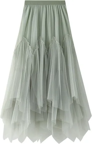 Pleated Skirts for Women Tulle Skirt Formal High Low Asymmetrical A-Line Fairy Elastic Waist Layered Long Midi Skirts