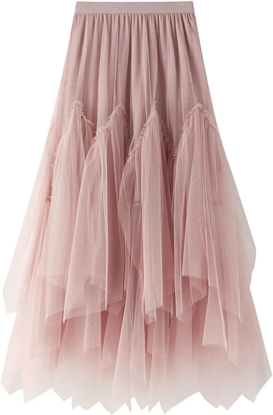 Pleated Skirts for Women Tulle Skirt Formal High Low Asymmetrical A-Line Fairy Elastic Waist Layered Long Midi Skirts