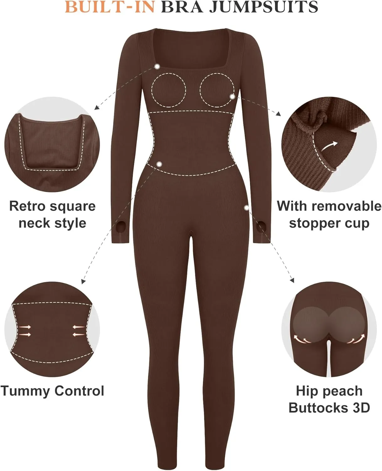 Popilush Jumpsuits for Women Long Sleeve Built-In Bra Square Neck Full Length Leggings Bodycon Stretch Workout Outfits