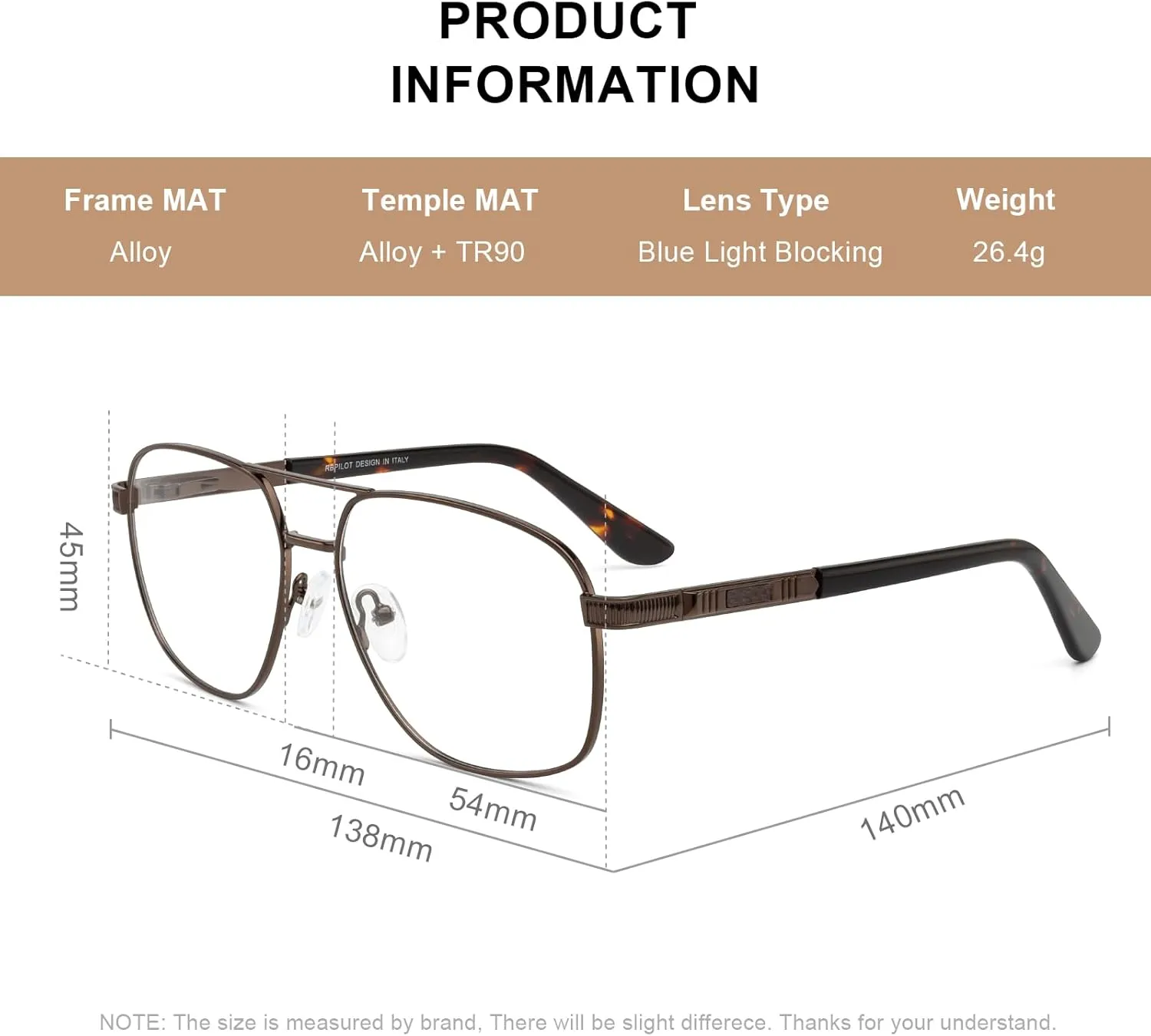 RB. Pilot Reading Glasses for Men Square Double Bridge Light Blocking Computer Readers Spring Hinge Metal Frame Acetate Legs