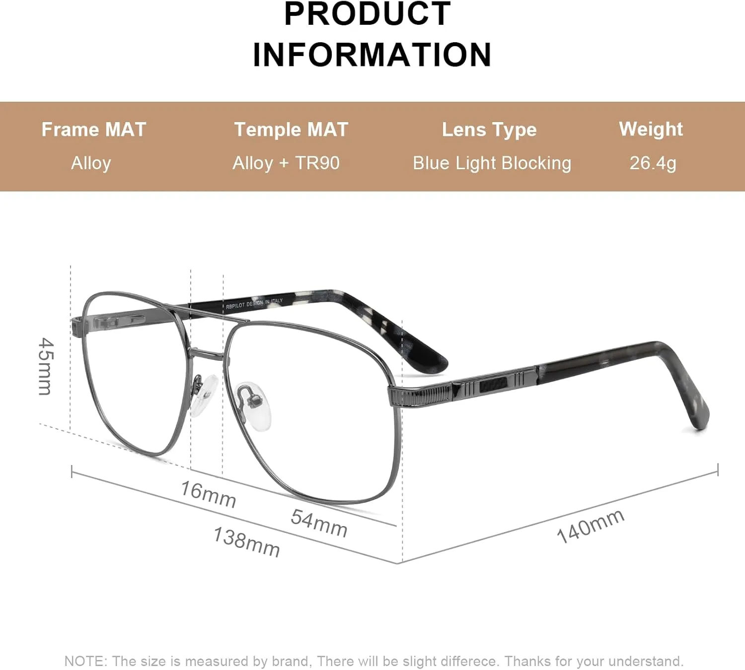 RB. Pilot Reading Glasses for Men Square Double Bridge Light Blocking Computer Readers Spring Hinge Metal Frame Acetate Legs