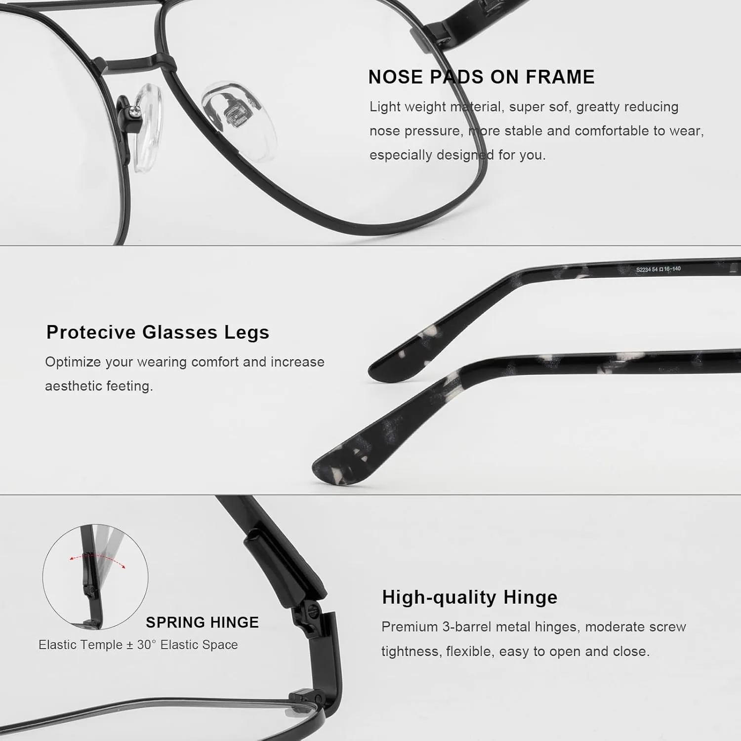RB. Pilot Reading Glasses for Men Square Double Bridge Light Blocking Computer Readers Spring Hinge Metal Frame Acetate Legs