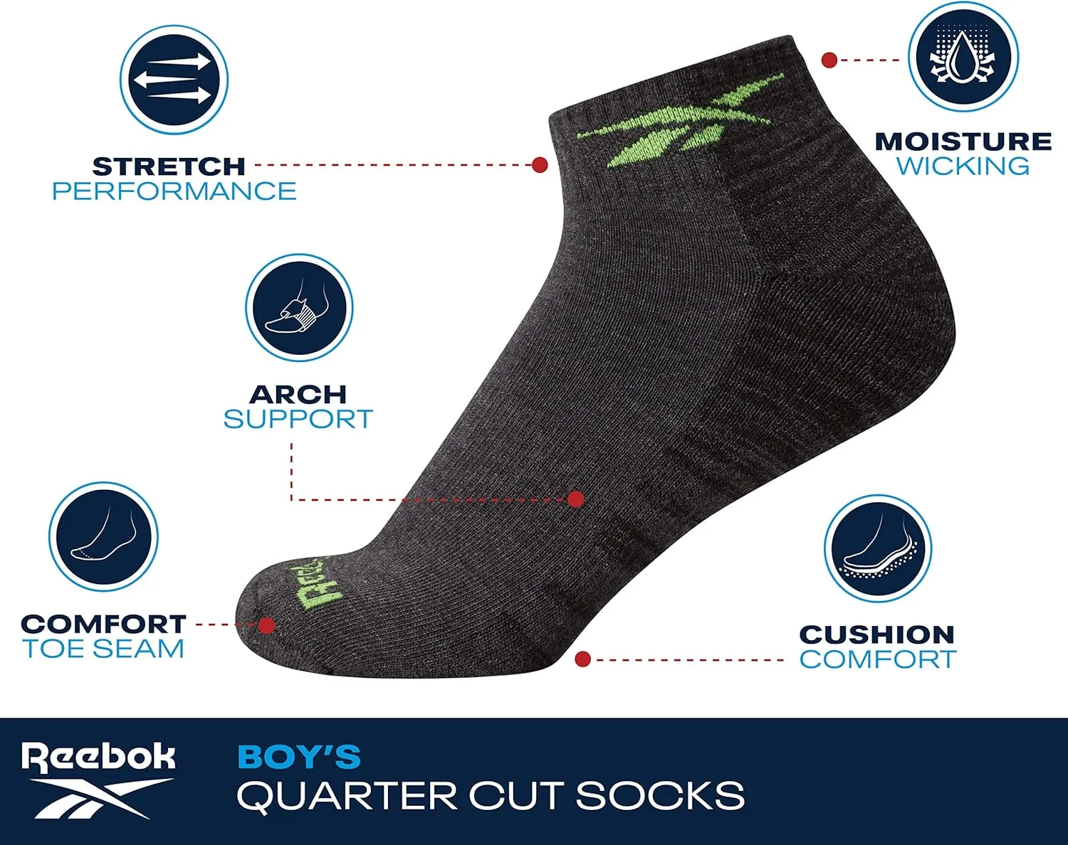 Reebok Boys' Quarter Socks - 6 Pack Stretch Performance Quarter Cut Arch Support Socks - Cushioned Athletic Socks for Boys