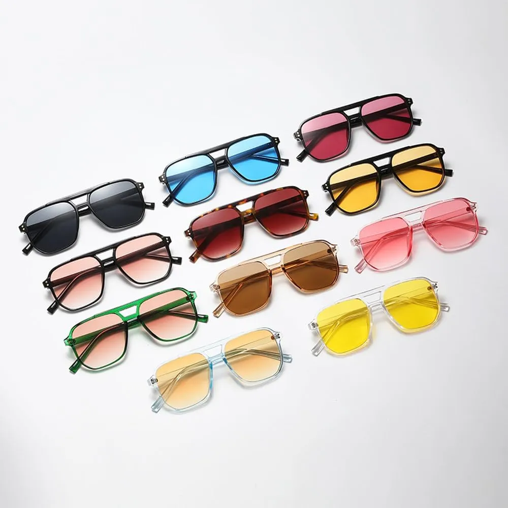 Retro Sunglasses Women Vintage Classic Oversized Double Bridge Big Oval Sun Shades Glasses Unisex Yellow Lens Eyewear