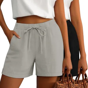 Riyiper 2 Pack Women's Casual Linen Drawstring Shorts, Elastic Waist Split Side Shorts Summer Line Comfy Shorts with Pockets