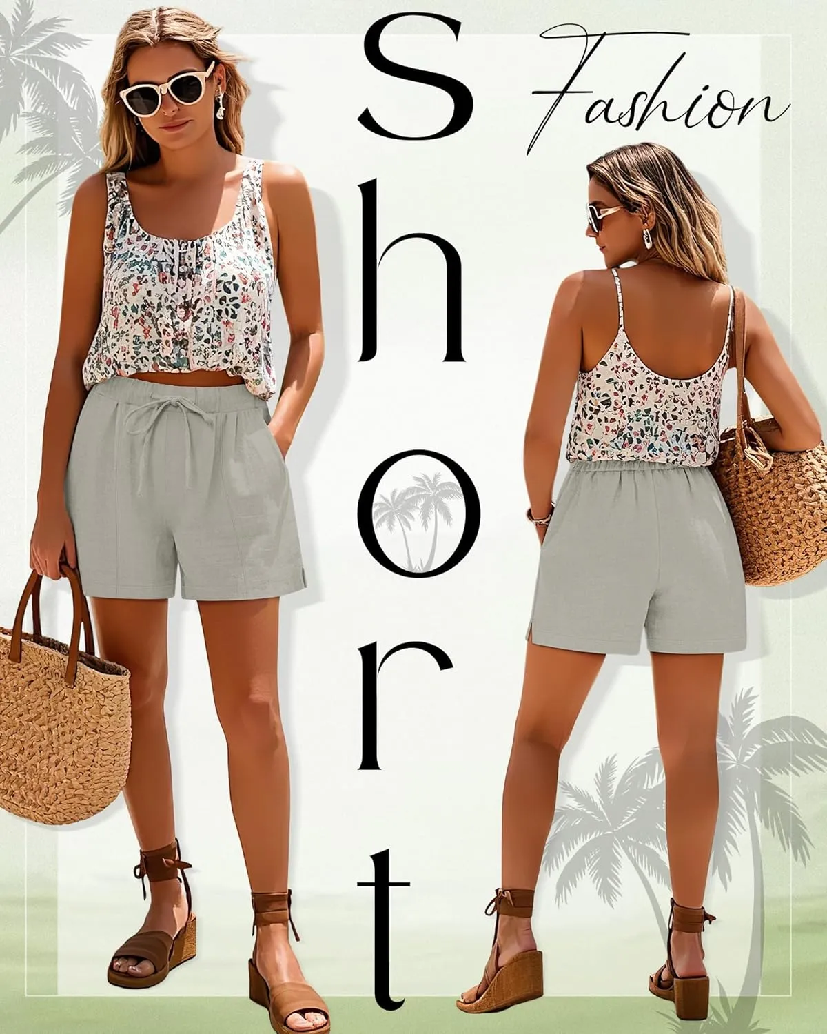 Riyiper 2 Pack Women's Casual Linen Drawstring Shorts, Elastic Waist Split Side Shorts Summer Line Comfy Shorts with Pockets