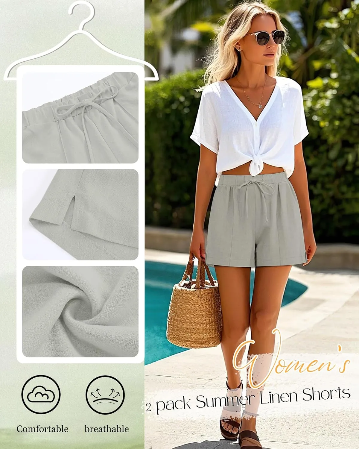 Riyiper 2 Pack Women's Casual Linen Drawstring Shorts, Elastic Waist Split Side Shorts Summer Line Comfy Shorts with Pockets