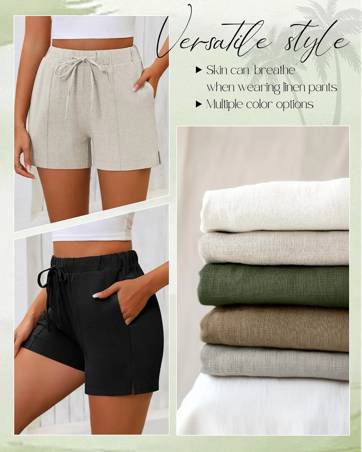 Riyiper 2 Pack Women's Casual Linen Drawstring Shorts, Elastic Waist Split Side Shorts Summer Line Comfy Shorts with Pockets
