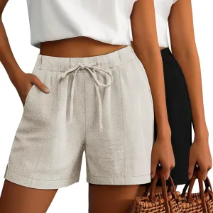 Riyiper 2 Pack Women's Casual Linen Drawstring Shorts, Elastic Waist Split Side Shorts Summer Line Comfy Shorts with Pockets