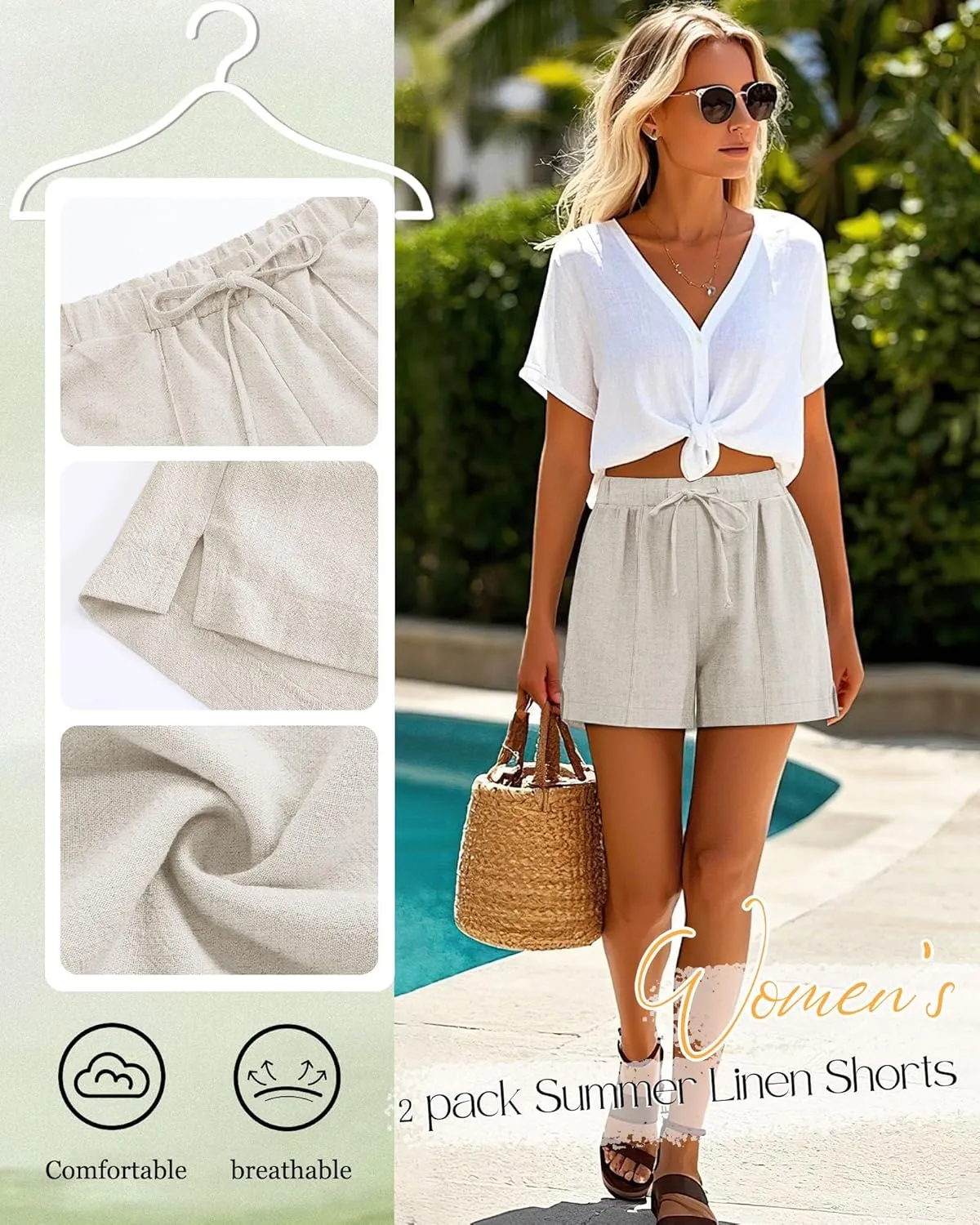 Riyiper 2 Pack Women's Casual Linen Drawstring Shorts, Elastic Waist Split Side Shorts Summer Line Comfy Shorts with Pockets
