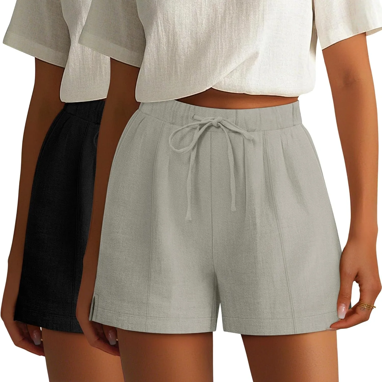 Riyiper 2 Pack Women's Casual Linen Drawstring Shorts, Elastic Waist Split Side Shorts Summer Line Comfy Shorts with Pockets
