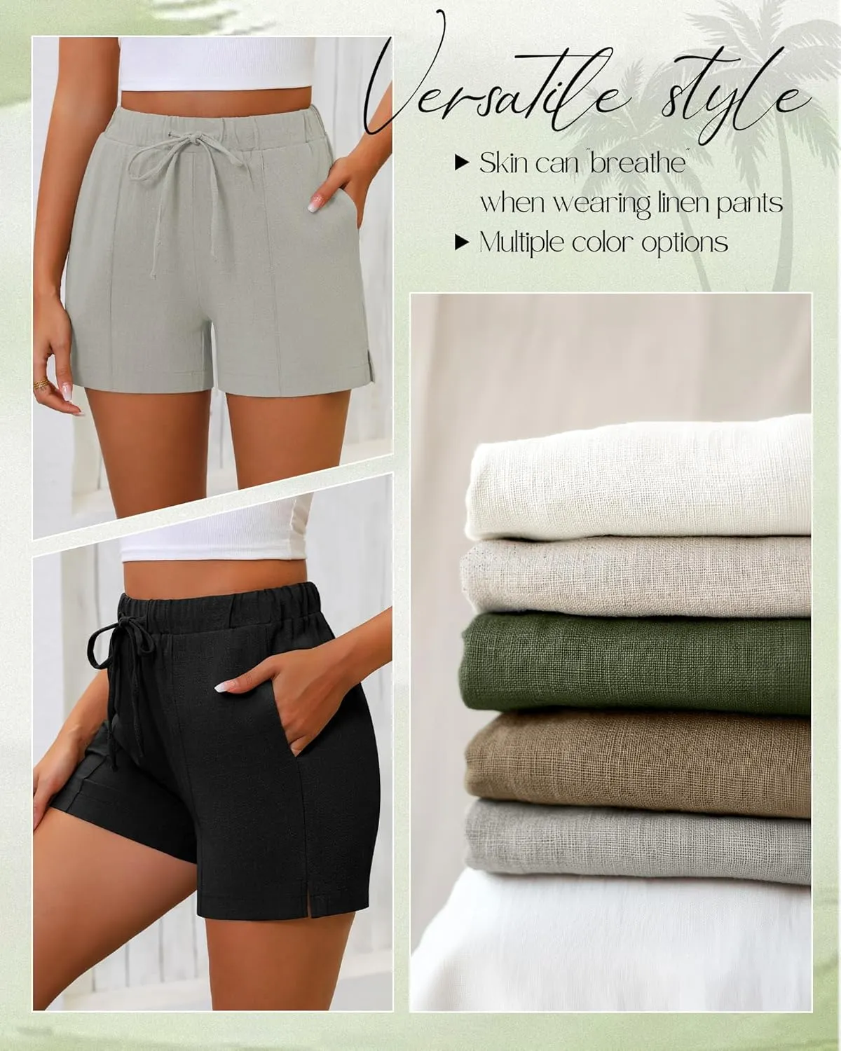 Riyiper 2 Pack Women's Casual Linen Drawstring Shorts, Elastic Waist Split Side Shorts Summer Line Comfy Shorts with Pockets