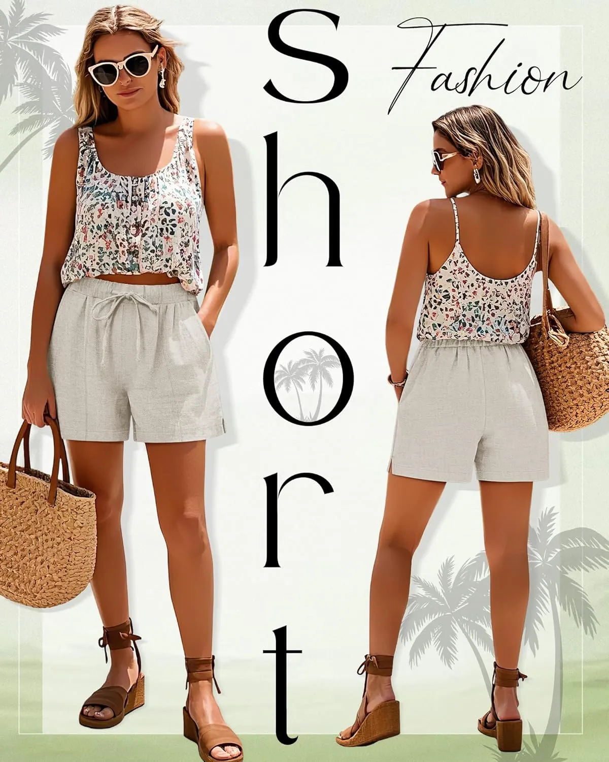 Riyiper 2 Pack Women's Casual Linen Drawstring Shorts, Elastic Waist Split Side Shorts Summer Line Comfy Shorts with Pockets