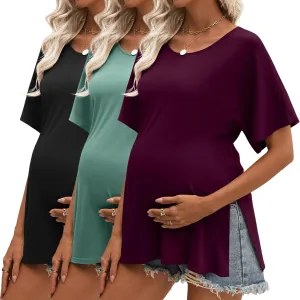 Riyiper 3 Pack Women's Maternity Shirts Cotton Summer Clothes Tunic Split Side Pregnancy Tops Round Neck Oversized Blouse