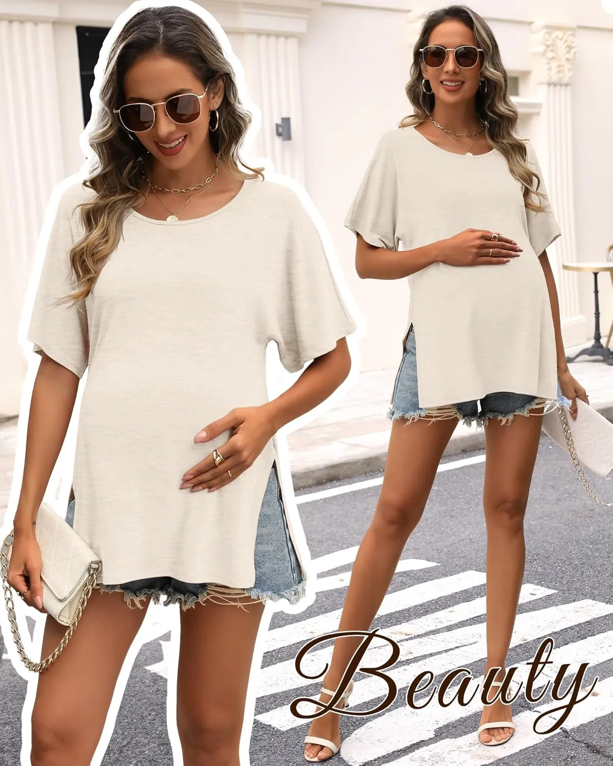 Riyiper 3 Pack Women's Maternity Shirts Cotton Summer Clothes Tunic Split Side Pregnancy Tops Round Neck Oversized Blouse