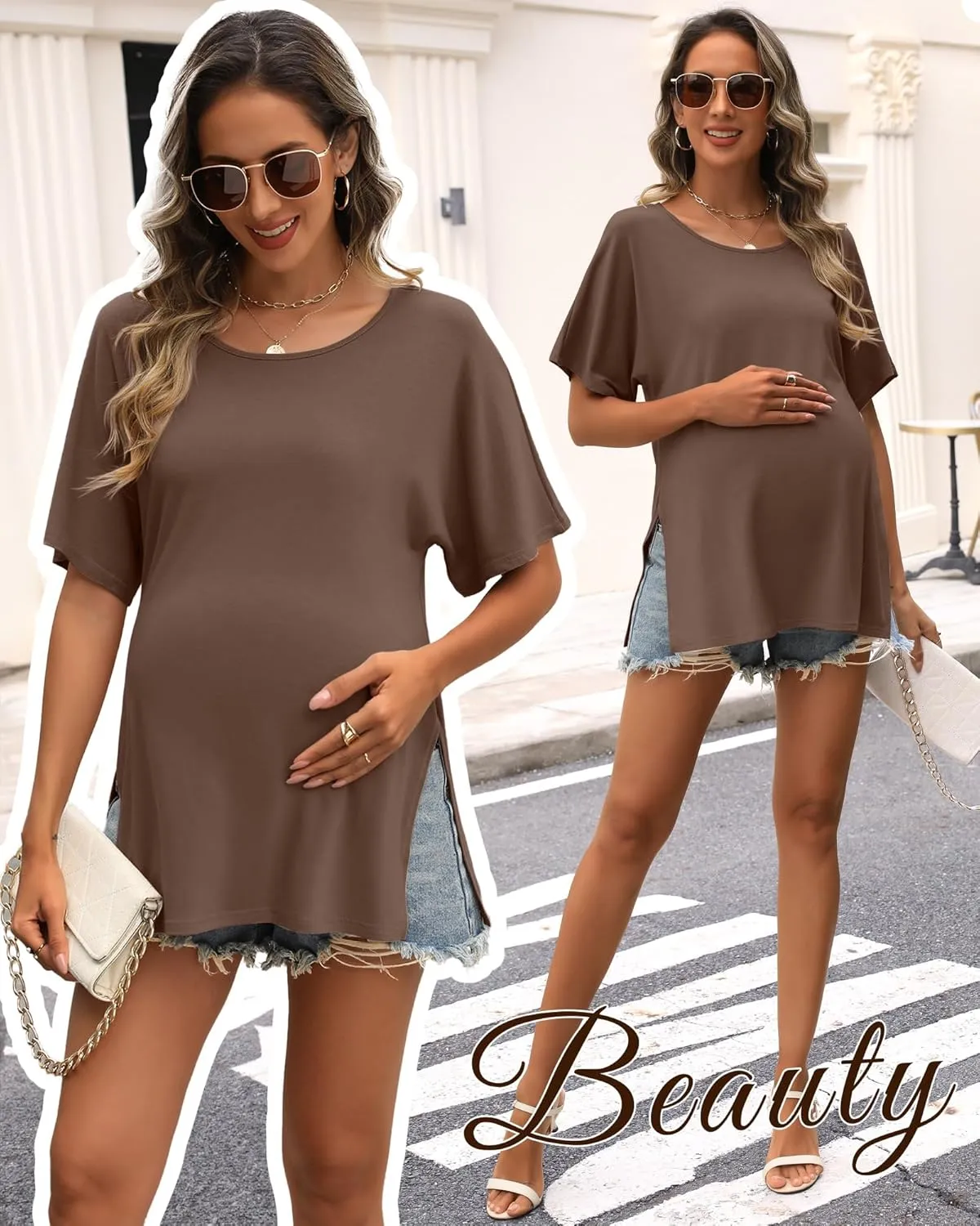 Riyiper 3 Pack Women's Maternity Shirts Cotton Summer Clothes Tunic Split Side Pregnancy Tops Round Neck Oversized Blouse