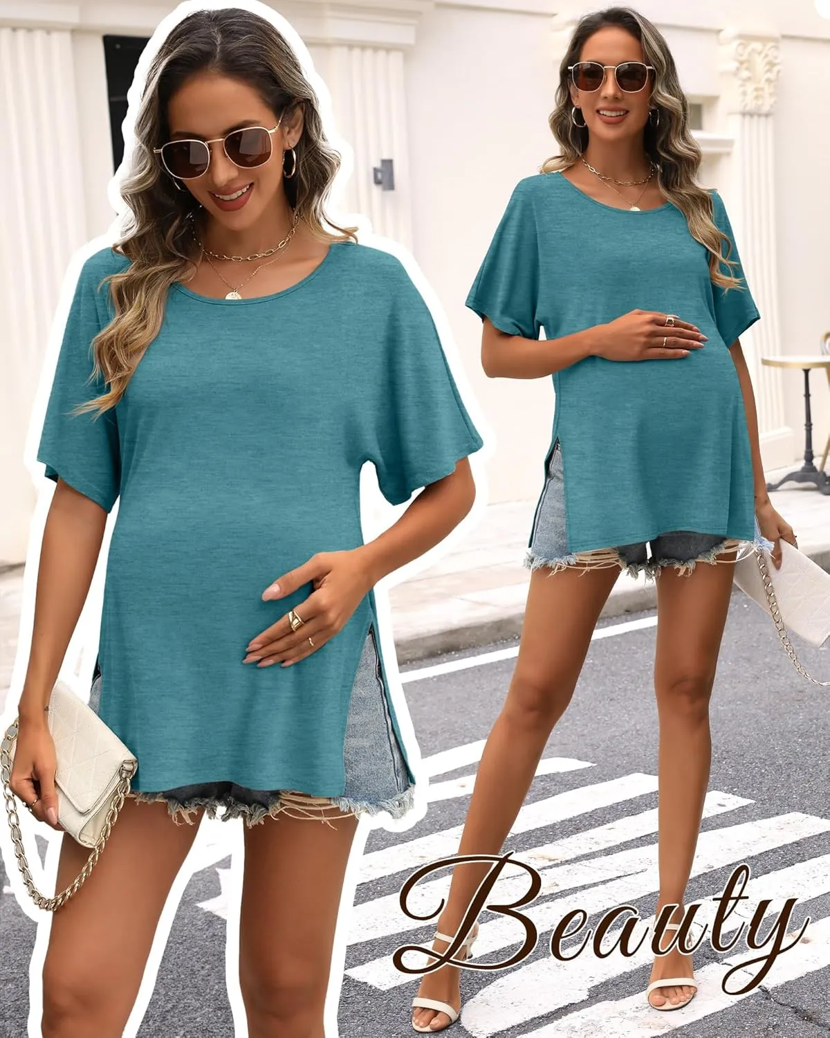 Riyiper 3 Pack Women's Maternity Shirts Cotton Summer Clothes Tunic Split Side Pregnancy Tops Round Neck Oversized Blouse