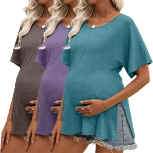 Riyiper 3 Pack Women's Maternity Shirts Cotton Summer Clothes Tunic Split Side Pregnancy Tops Round Neck Oversized Blouse