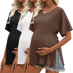 Riyiper 3 Pack Women's Maternity Shirts Cotton Summer Clothes Tunic Split Side Pregnancy Tops Round Neck Oversized Blouse