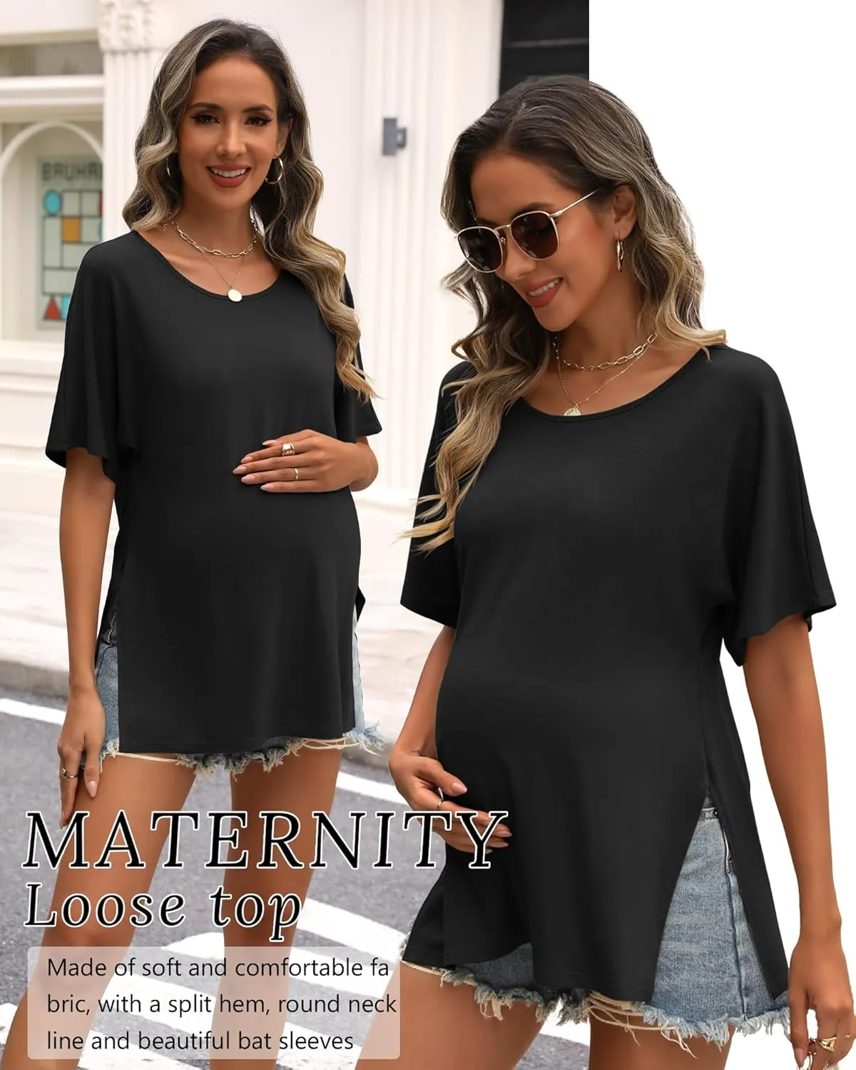 Riyiper 3 Pack Women's Maternity Shirts Cotton Summer Clothes Tunic Split Side Pregnancy Tops Round Neck Oversized Blouse