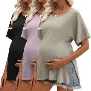 Riyiper 3 Pack Women's Maternity Shirts Cotton Summer Clothes Tunic Split Side Pregnancy Tops Round Neck Oversized Blouse