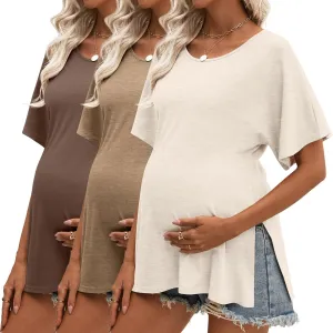 Riyiper 3 Pack Women's Maternity Shirts Cotton Summer Clothes Tunic Split Side Pregnancy Tops Round Neck Oversized Blouse