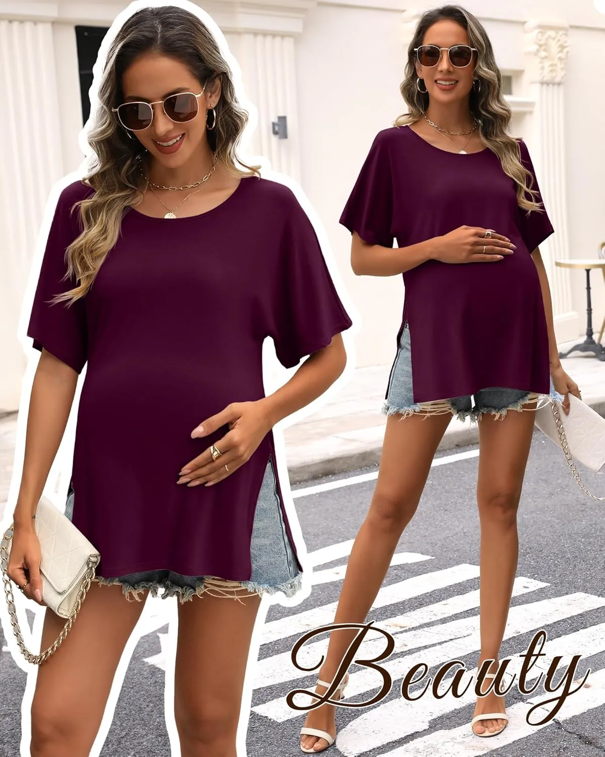 Riyiper 3 Pack Women's Maternity Shirts Cotton Summer Clothes Tunic Split Side Pregnancy Tops Round Neck Oversized Blouse